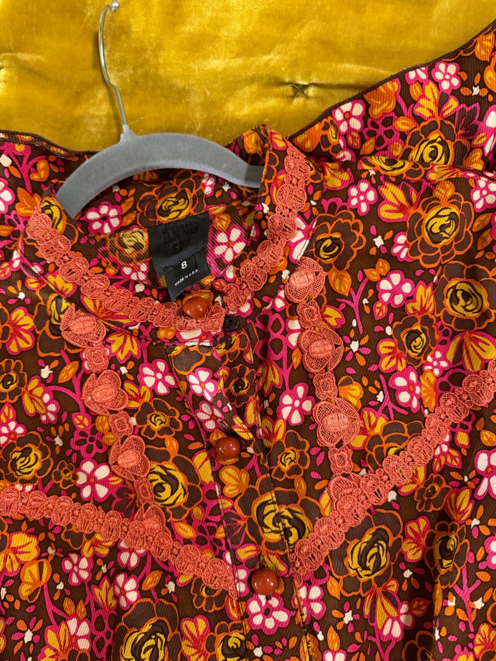 Anna Sui Floral Midi Dress in Brown, Pink, Orange, Yellow